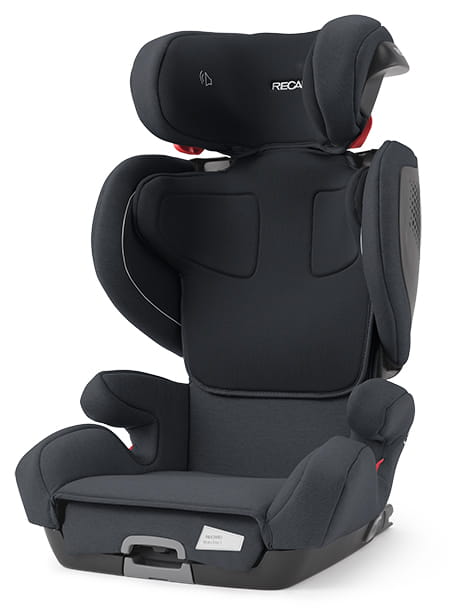 Cadeira auto RECARO Mako Elite 2 em cinza claro, com apoio de cabeça e proteção lateral destacados. A cadeira apresenta estofos acolchoados e um design ergonómico, ideal para crianças dos 3,5 aos 12 anos.