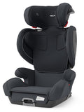 Vista lateral da cadeira auto RECARO Mako Elite 2 em cinza escuro, mostrando o apoio de cabeça ajustável e a robustez do design, com proteções laterais bem evidentes e estofos confortáveis.