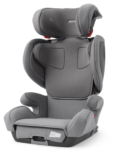 Cadeira auto RECARO Mako Elite 2 em cinza claro, com apoio de cabeça e proteção lateral destacados. A cadeira apresenta estofos acolchoados e um design ergonómico, ideal para crianças dos 3,5 aos 12 anos.