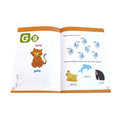 Página interna do livro com exercícios de escrita e atividades para aprender a letra G e palavras relacionadas, com ilustrações coloridas.