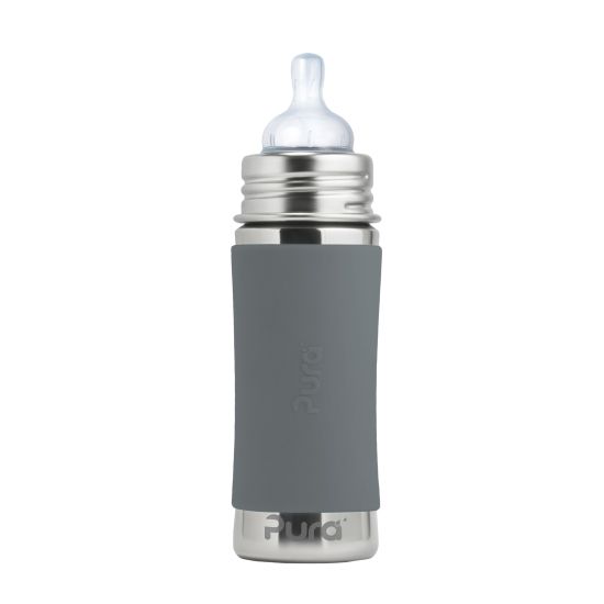 Pura Garrafa de Aço Inoxidável 325ml com capa de silicone azul, mostrando a funcionalidade evolutiva com um bico de transição.