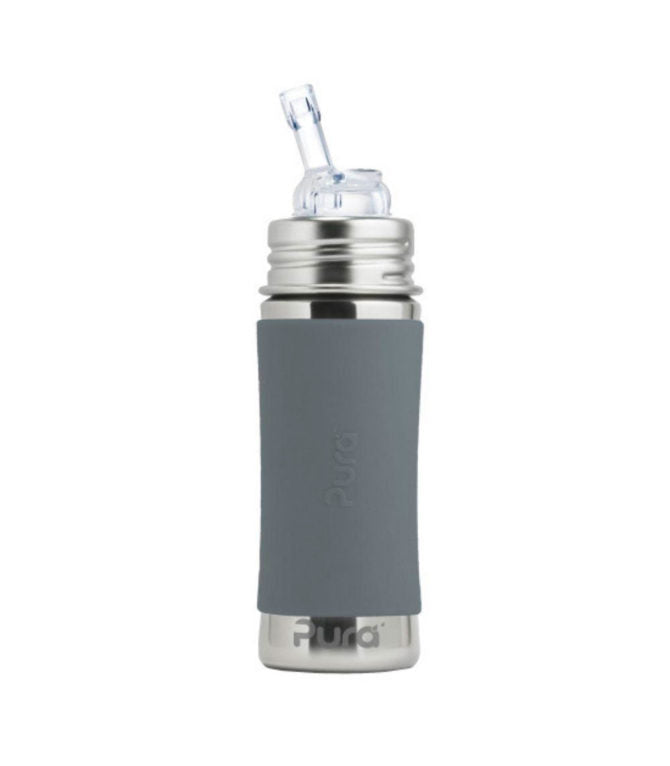 A garrafa Pura de 325ml com a tampa de tetina de fluxo lento instalada, ideal para recém-nascidos.