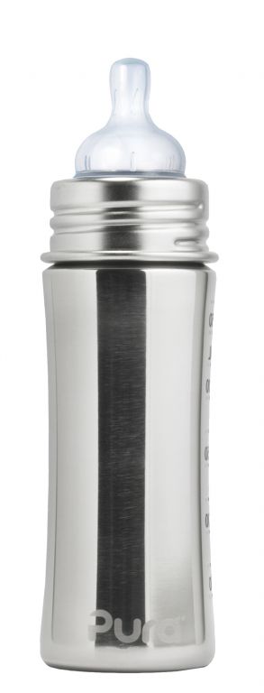 Pura Garrafa de Aço Inoxidável 325ml equipada com uma tetina de silicone, configurada como biberão para bebé.
