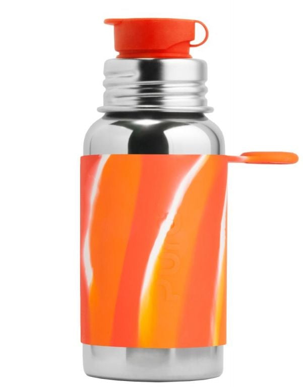Vista lateral da garrafa evolutiva Pura SPORT 850ml em aço inoxidável, com o logótipo Pura visível e design robusto para uso desportivo.