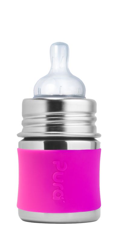 Biberão evolutivo Pura em aço inoxidável de 150ml com capa de silicone e tetina de fluxo lento para recém-nascido.