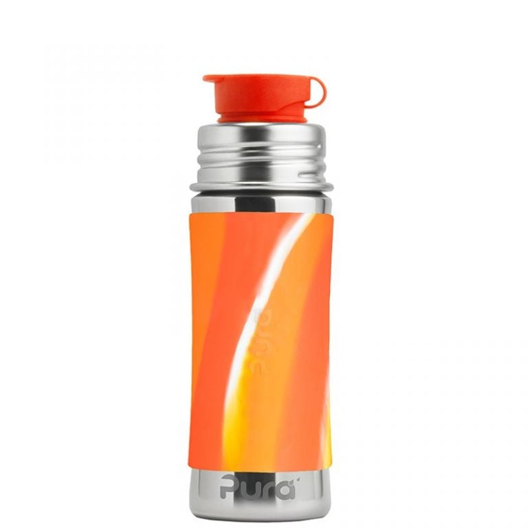 A garrafa Pura SPORT 325ml convertida em copo de canudinho (straw cup) com topo de palha, mostrando a sua versatilidade evolutiva.