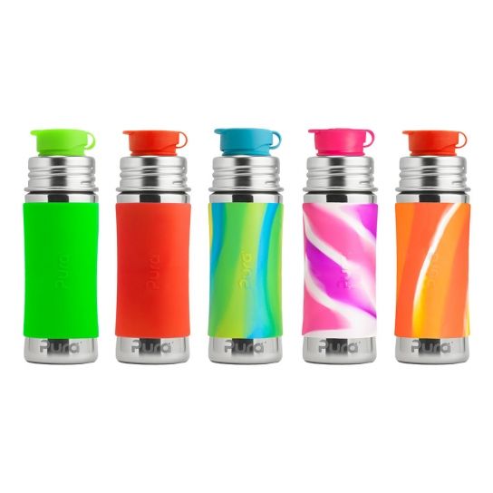 Garrafa Pura SPORT 850ml em aço inoxidável, biberão evolutivo sem plástico, com tampa desportiva azul, fundo branco.