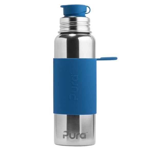 Garrafa Pura SPORT 850ml em aço inoxidável com capa de silicone azul-royal e tampa desportiva.