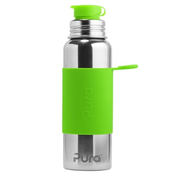 Garrafa Pura SPORT 850ml em aço inoxidável com capa de silicone verde-lima, ideal para desporto.