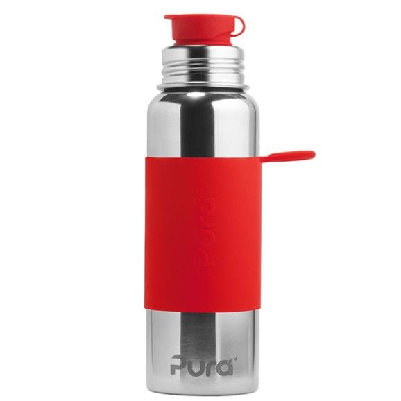Garrafa Pura SPORT em aço inoxidável com capa protetora de silicone vermelha e tampa de rosca.