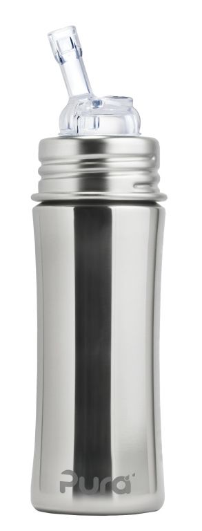 Pura Garrafa Evolutiva 325ml configurada como biberão, com tetina de silicone e anel de fixação, ideal para recém-nascidos.