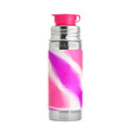 A garrafa Pura Sport 265ml em aço inoxidável, apresentada ao lado de uma capa protetora de silicone de grau médico, ambas sem plástico.