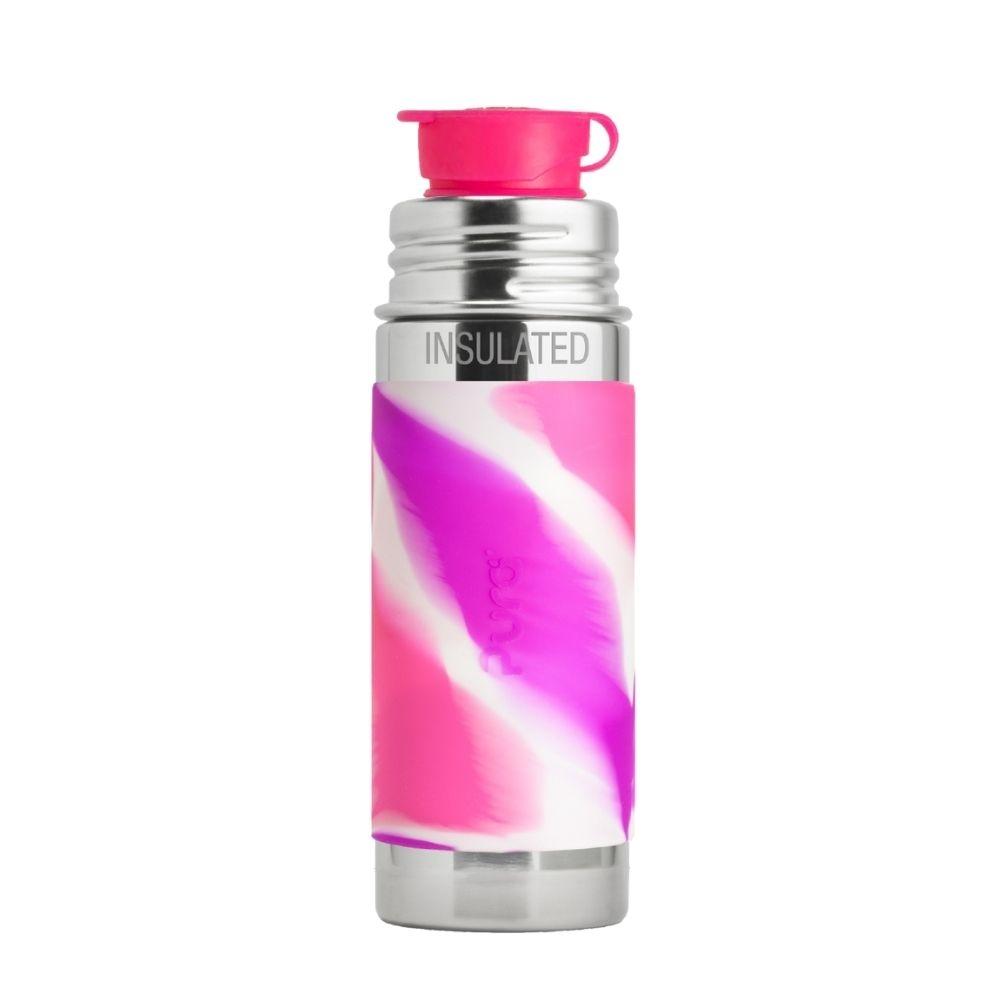 A garrafa Pura Sport 265ml em aço inoxidável, apresentada ao lado de uma capa protetora de silicone de grau médico, ambas sem plástico.