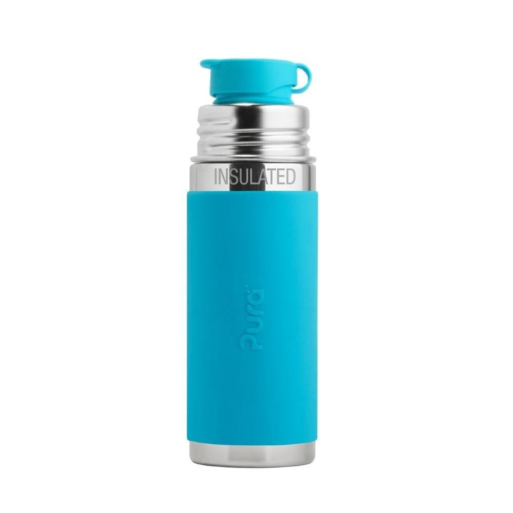 Garrafa térmica Pura Sport 265ml em aço inoxidável azul-marinho, vista frontal com tampa desportiva preta. Ideal para desporto e escola.