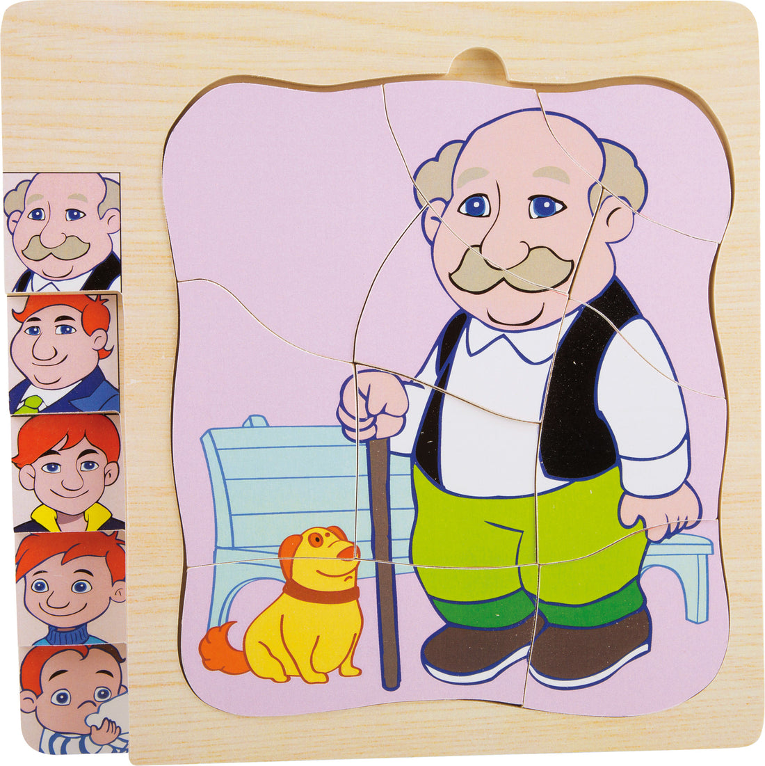 Puzzle em camadas mostrando um avô com um cão, parte de um jogo que ilustra as diferentes fases da vida.