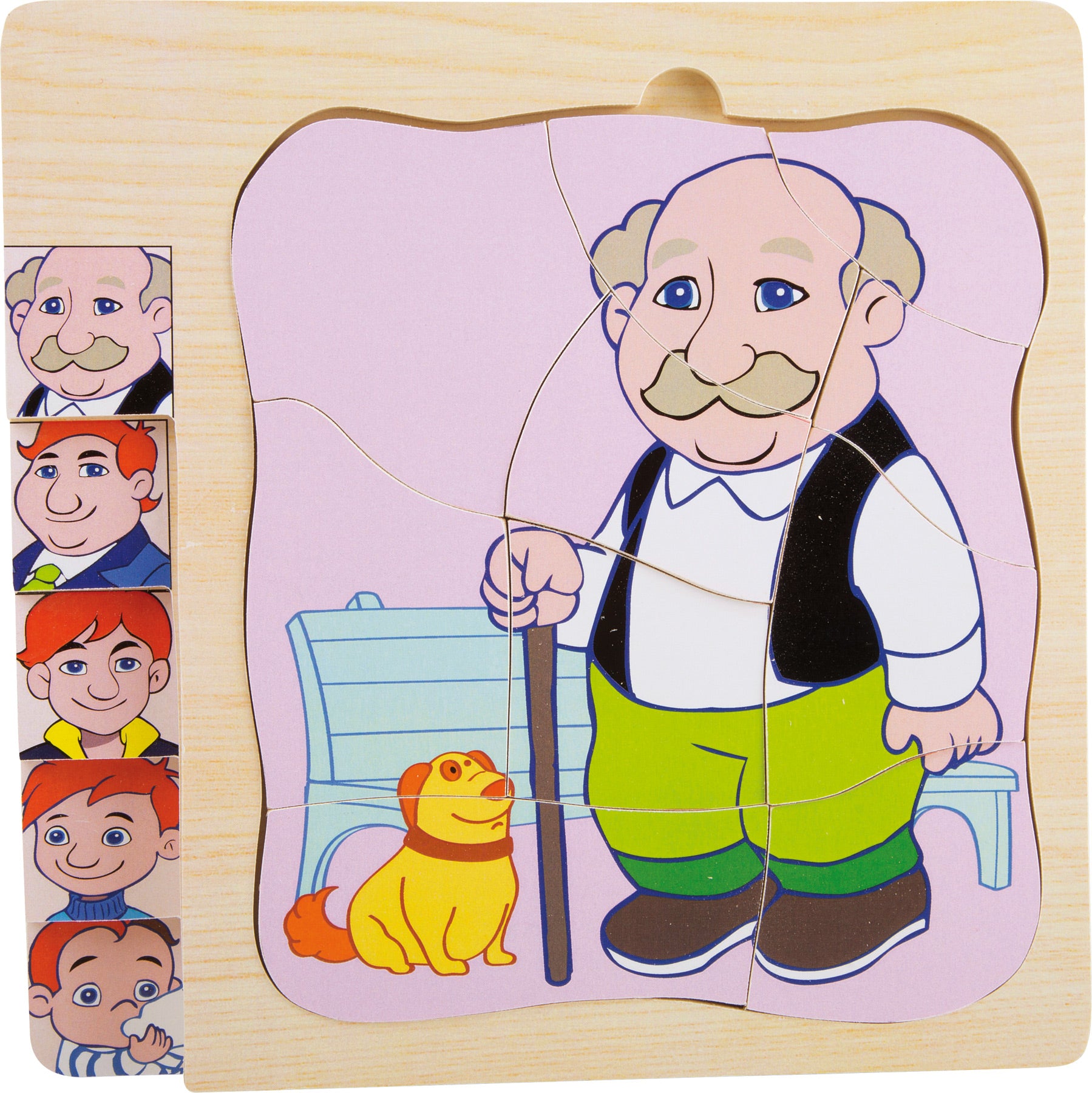 Puzzle em camadas mostrando um avô com um cão, parte de um jogo que ilustra as diferentes fases da vida.