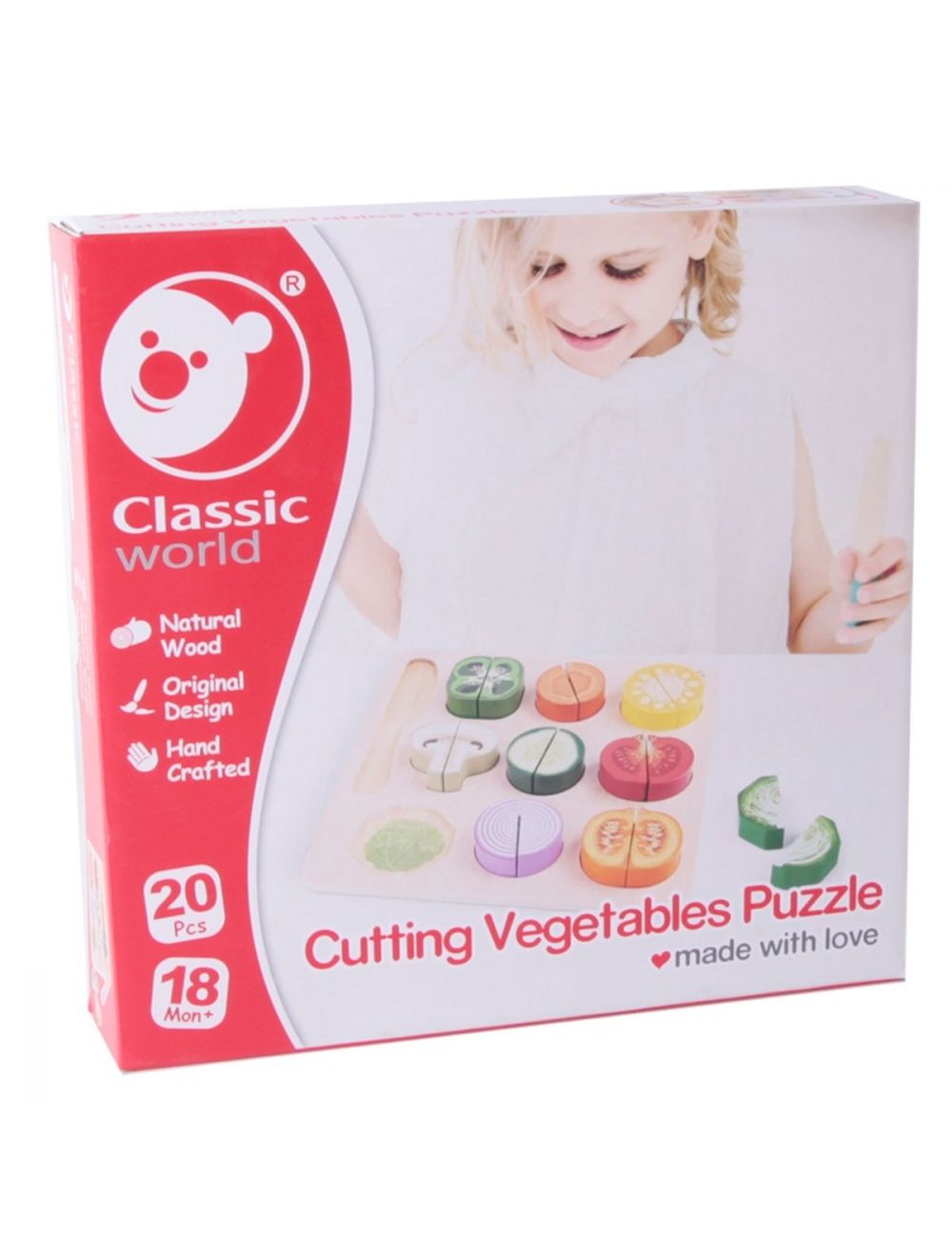 Embalagem do Classic World Puzzle de Cortar, destacando "Natural Wood", "Original Design", "Hand Crafted" e a idade recomendada de 18 meses.