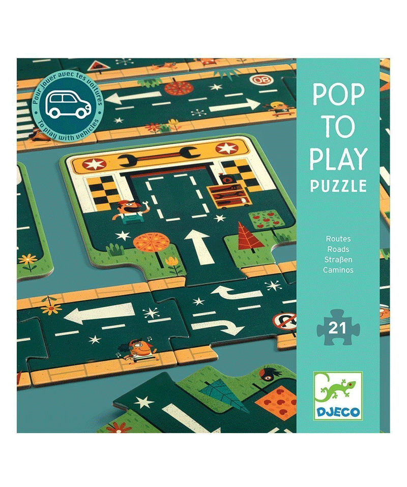 Puzzle de pistas de carros Djeco com várias peças montadas em diferentes formatos de circuito.