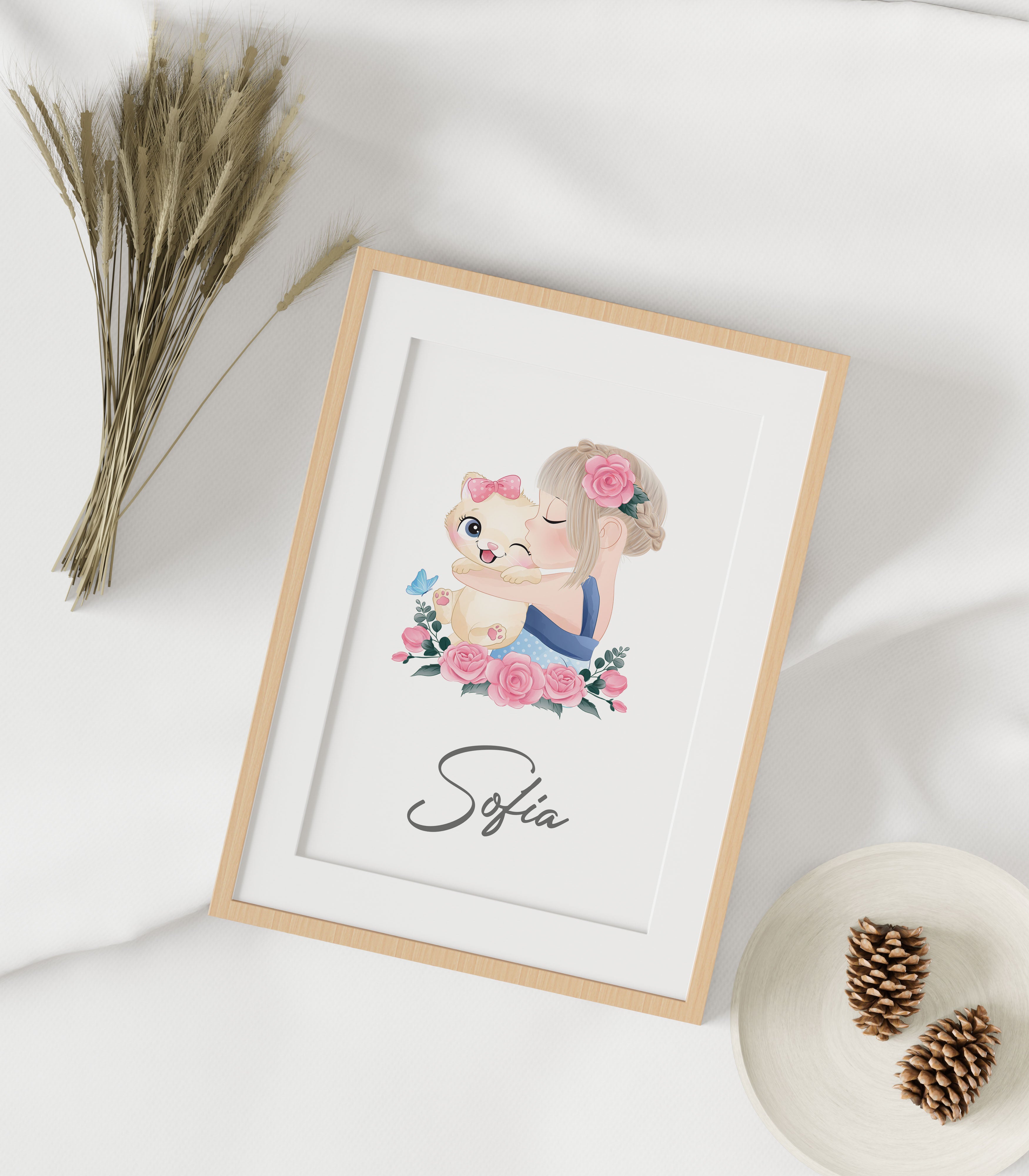 Exemplo de quadro personalizado "Menina" com ilustração de bebé a dormir num baloiço, fundo rosa suave. Ideal para decoração de quarto infantil.