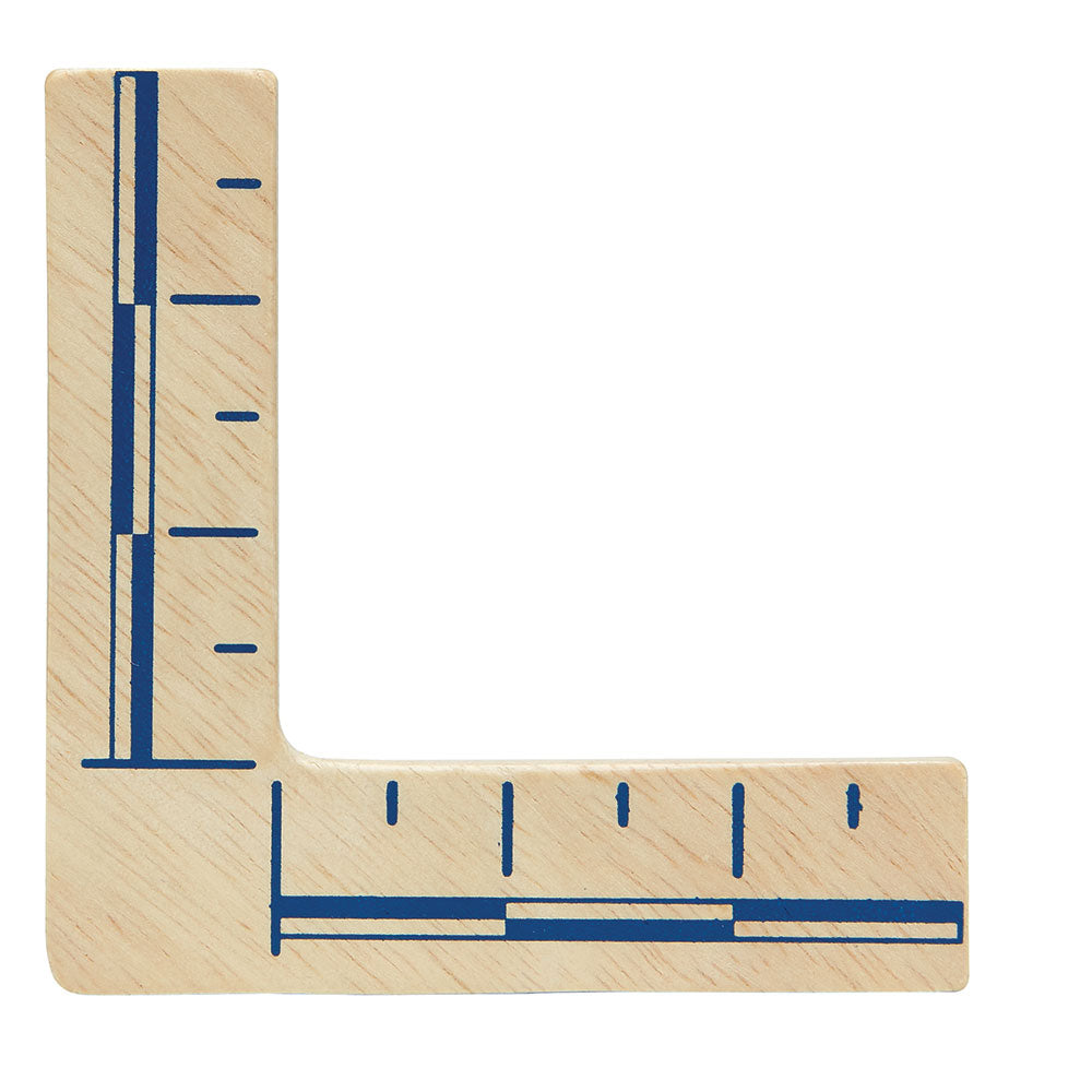 Régua de madeira em forma de L, com marcações em azul, para o conjunto de agente secreto PlanToys.
