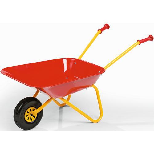 Carrinho de mão metálico infantil vermelho com estrutura amarela Rolly Toys para jardim