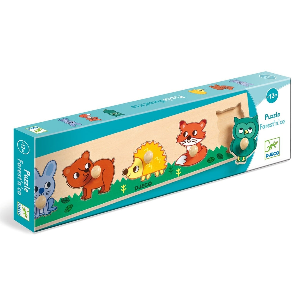 Djeco puzzle com pegas Floresta e companhia dentro da sua embalagem original, exibindo os cinco animais da floresta e a indicação de idade +12m.