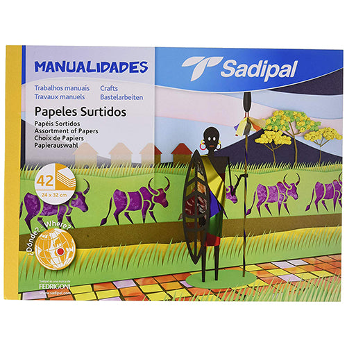 Bloco de papéis diversos Sadipal 32x24cm com 42 folhas, embalagem protetora e identificação do formato A4+.