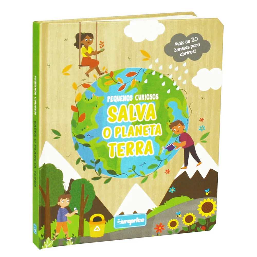 Capa do livro "Salva o Planeta Terra", com ilustrações de crianças a cuidar da natureza e mais de 30 janelas para abrir.