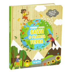 Capa do livro "Salva o Planeta Terra", com ilustrações de crianças a cuidar da natureza e mais de 30 janelas para abrir.