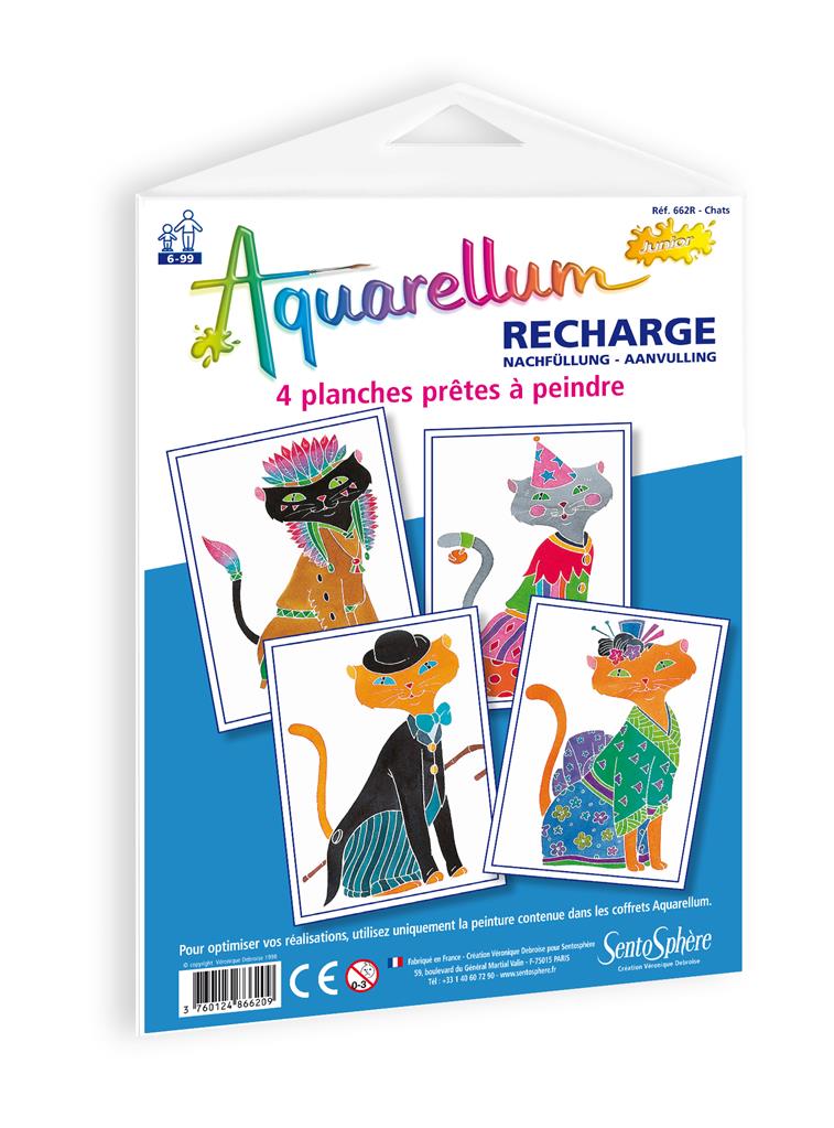 Embalagem da recarga Aquarellum Junior Gatos da Sentosphere, exibindo as 4 pranchas de desenho com ilustrações de felinos para pintar com aguarela.