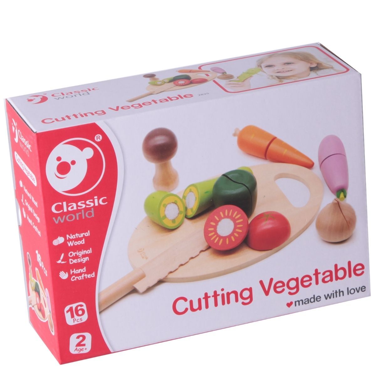 Embalagem do Classic World Cutting Vegetable, mostrando o conjunto de legumes de madeira para cortar, faca e tábua.