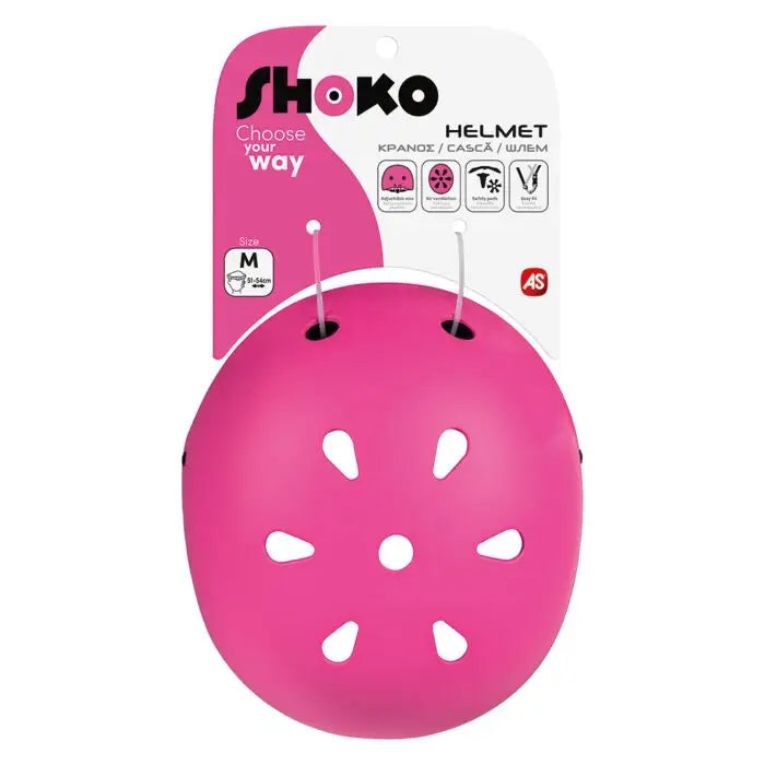 Capacete Shoko proteção infantil rosa na embalagem, mostra tamanho 50-55cm e características de segurança.