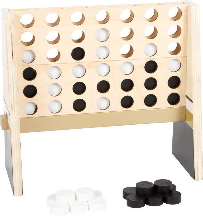 Jogo 4 em Linha Gold Edition da small foot, vista frontal do tabuleiro de madeira com peças brancas e pretas. Design elegante com detalhes dourados.