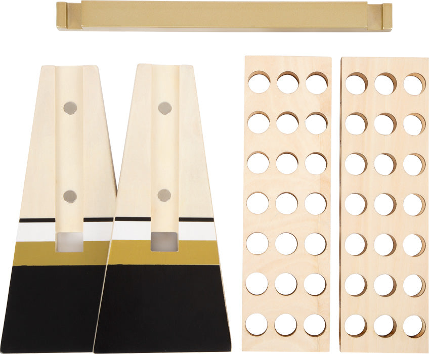 Peças do jogo 4 em Linha Gold Edition da small foot, mostrando as peças de madeira separadas, prontas para a montagem.