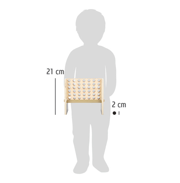 Tabuleiro do jogo 4 em Linha Gold Edition da small foot, montado, com peças pretas e brancas em destaque, sobre fundo neutro.