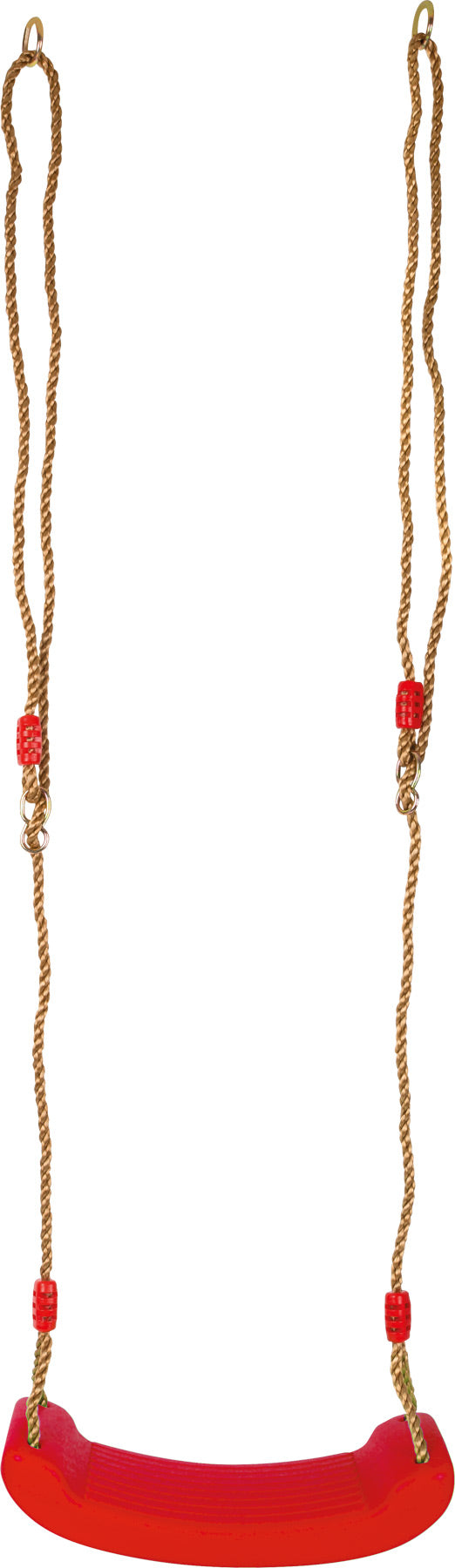 Baloiço de assento de plástico vermelho da small foot com duas longas cordas de fibra natural presas nas extremidades, pronto para instalação.