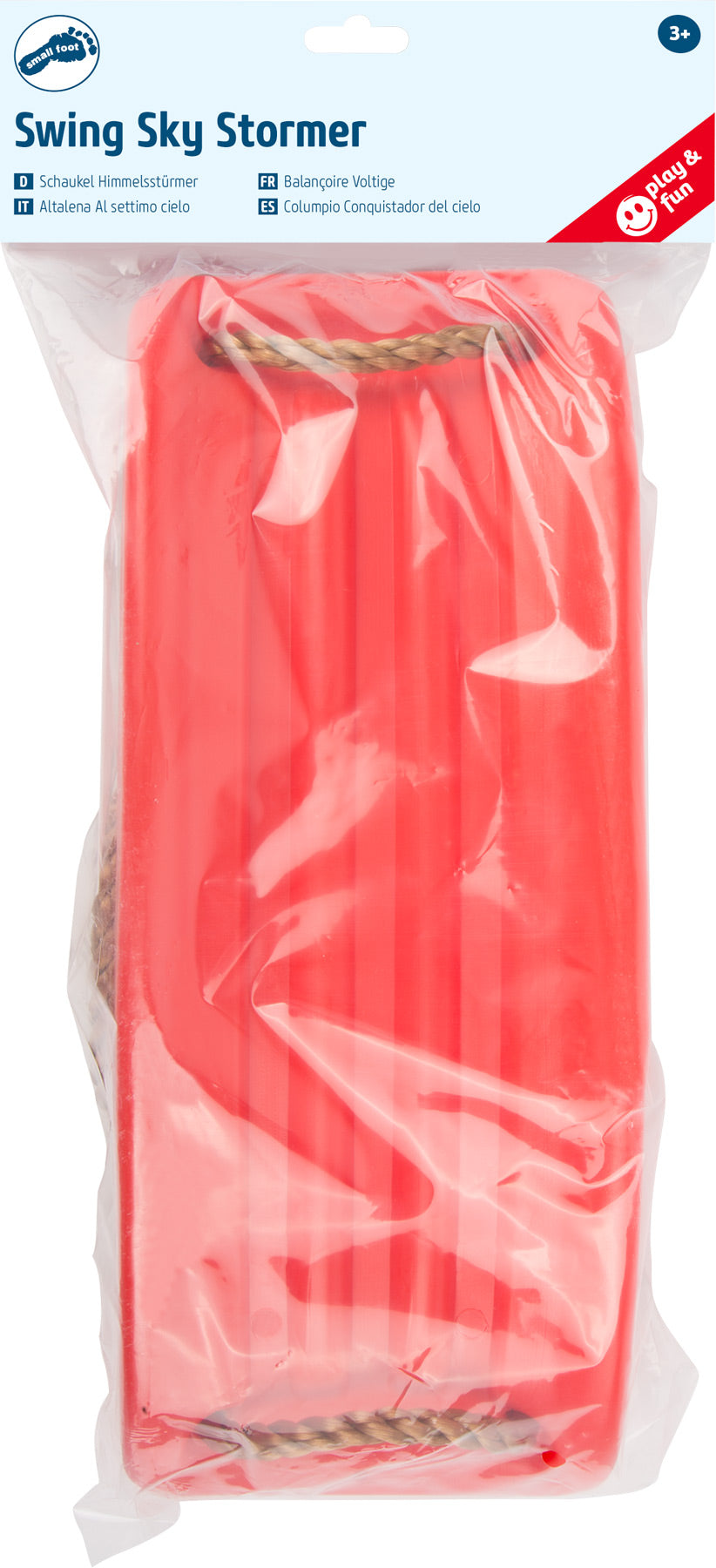 Embalagem plástica de um baloiço de assento de plástico vermelho da marca small foot, com cordas de suspensão visíveis e indicação de idade 3+.