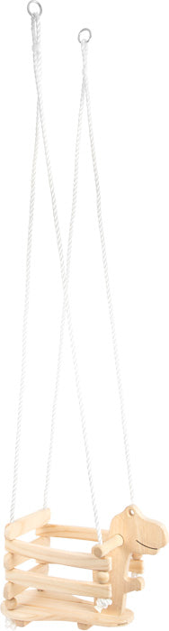 Criança pequena a usar o baloiço dinossauro em segurança, demonstrando o suporte lateral e as cordas de suspensão fortes.