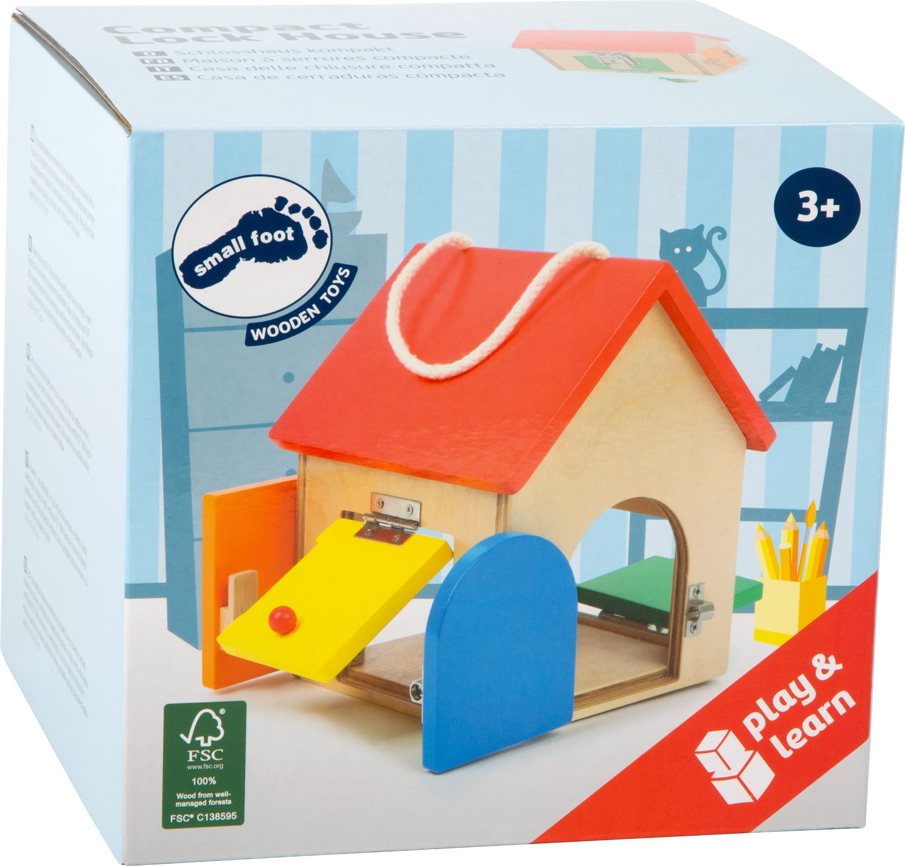 Caixa da small foot com a imagem da casa de fechaduras e informação em várias línguas.