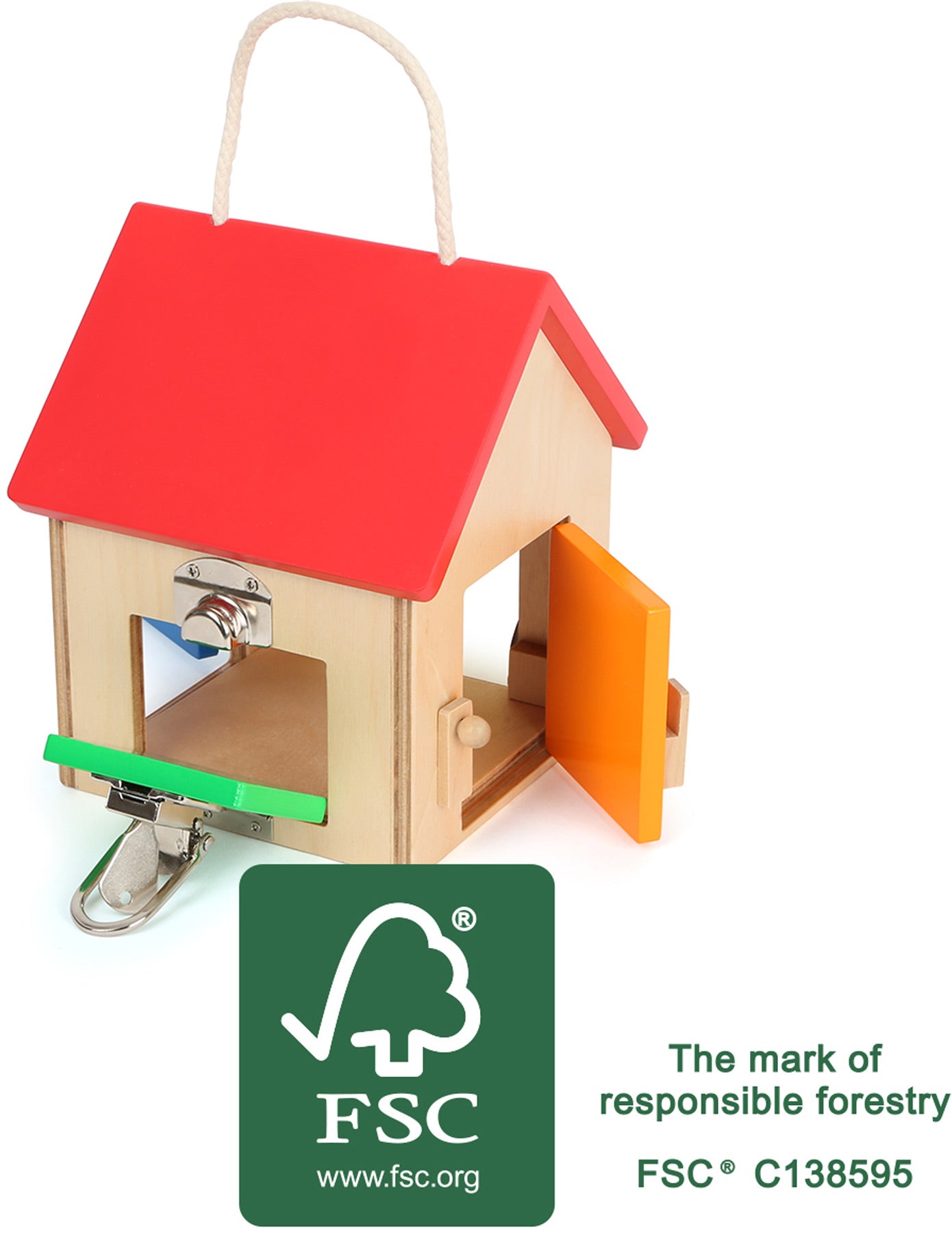 Casa de fechaduras pequena em madeira da small foot, com telhado vermelho e portas coloridas, mostrando diferentes tipos de fechaduras e um cordão para transporte. Certificação FSC visível.