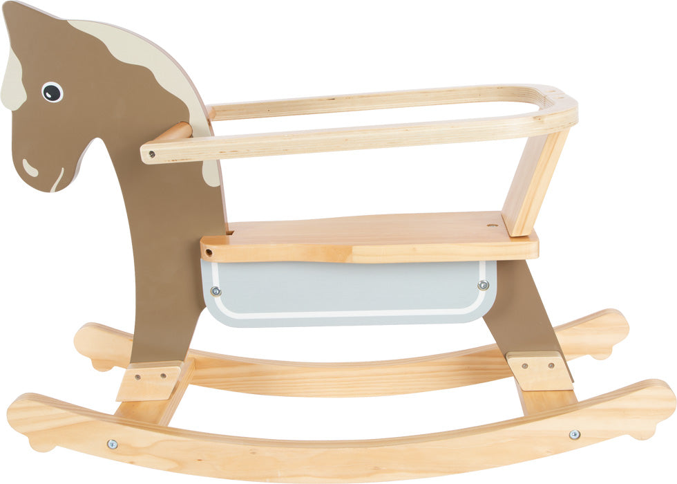 Cavalinho de baloiço small foot em madeira, vista lateral direita, destacando o design moderno e minimalista. Ideal para desenvolvimento motor e equilíbrio.