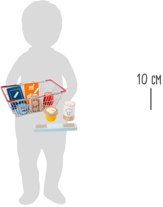 Conjunto completo de 9 acessórios de madeira para a despensa: pão multigrãos, atum, cogumelos, flocos de milho, biscoitos e mel, prontos para brincar.