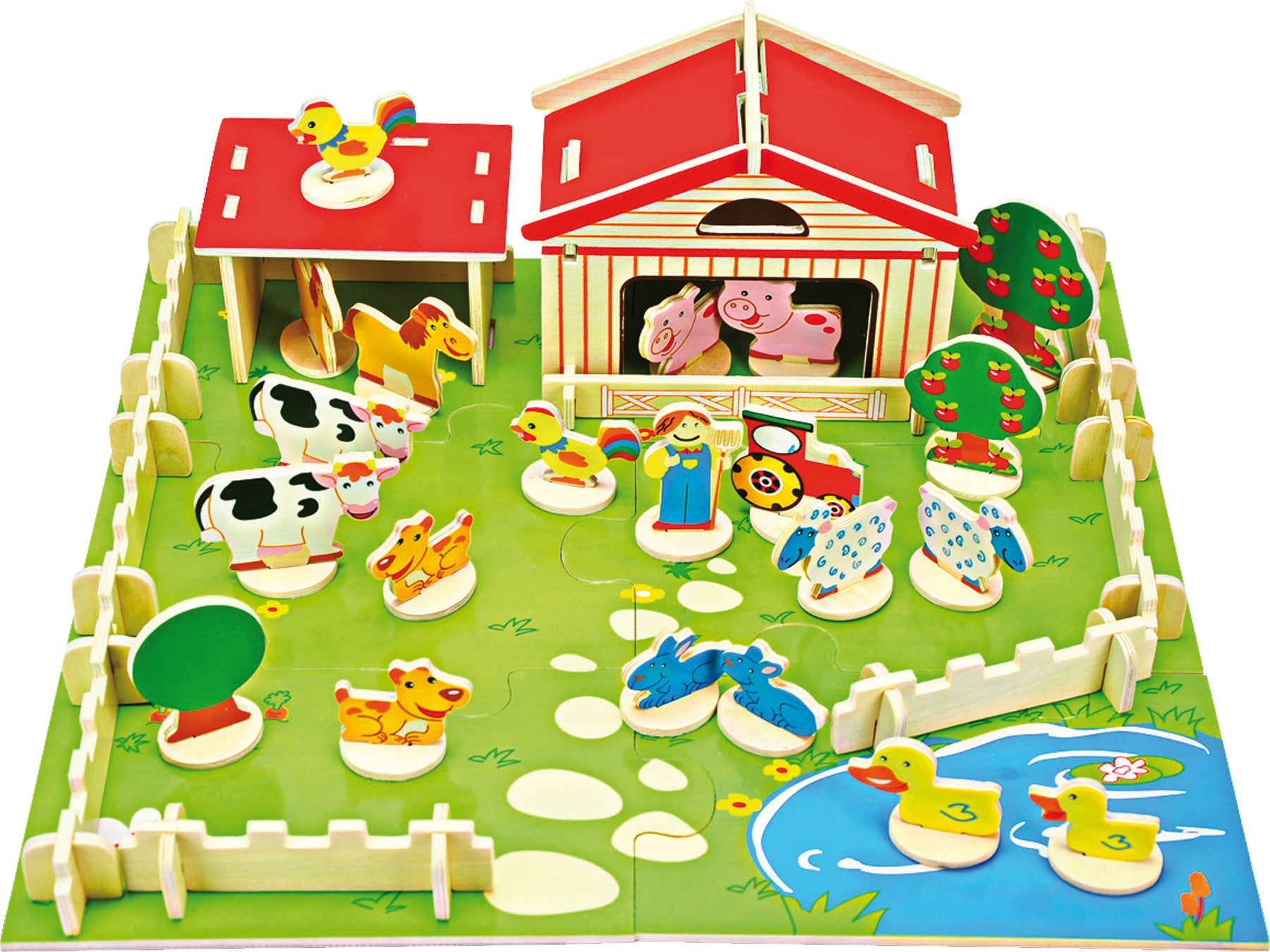 Conjunto de construção de quinta em madeira da small foot, com animais, árvores, cercas e um celeiro. Ideal para crianças que adoram brincar de faz de conta.