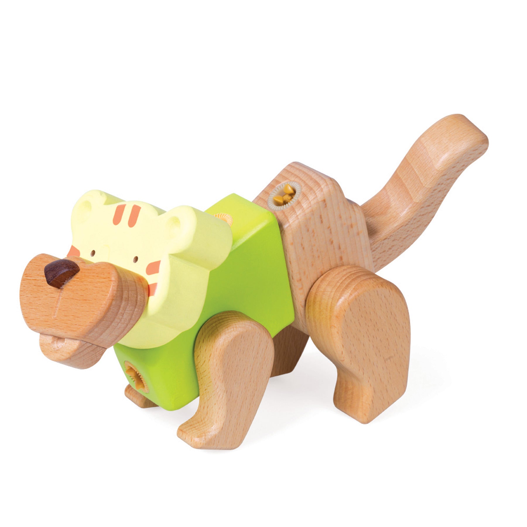 Conjunto Criativo Tigre da small foot: peças de madeira coloridas para montar um tigre em 3D. Foco na textura e cores vibrantes.