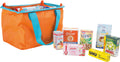Conjunto completo de saco de compras de brincar small foot: saco laranja com alças azuis cheio de mercearia de brincar autêntica (frutas, caixas, garrafas).