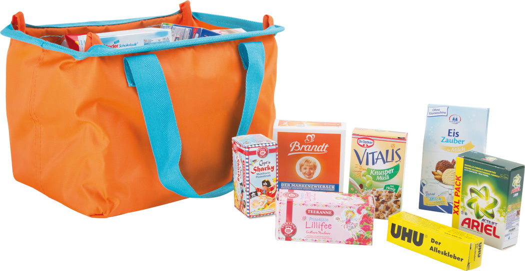Conjunto completo de saco de compras de brincar small foot: saco laranja com alças azuis cheio de mercearia de brincar autêntica (frutas, caixas, garrafas).