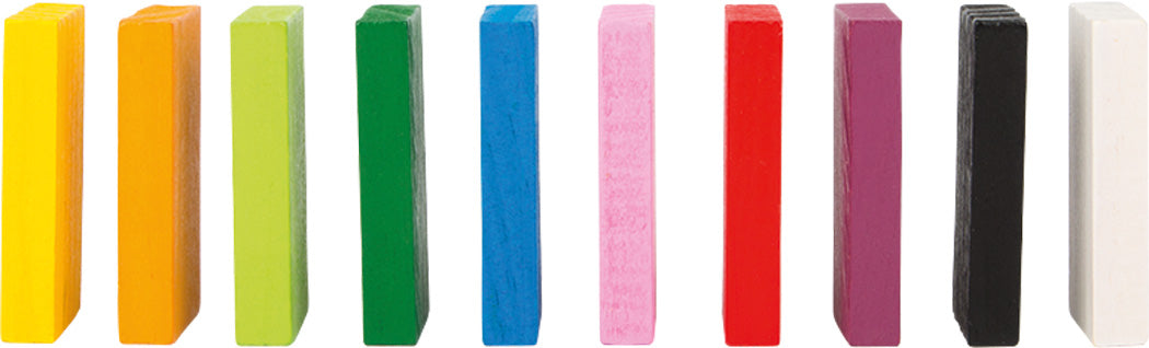Imagem que mostra as 12 cores diferentes das peças de dominó do small foot Domino Rally XXL.