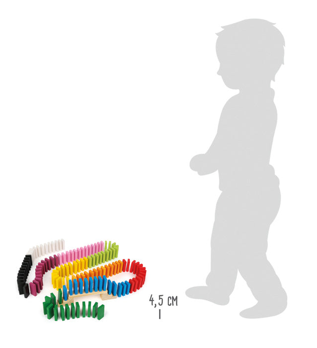 Detalhe das peças de dominó coloridas do small foot Domino Rally XXL, mostrando as diferentes cores e o tamanho das peças.