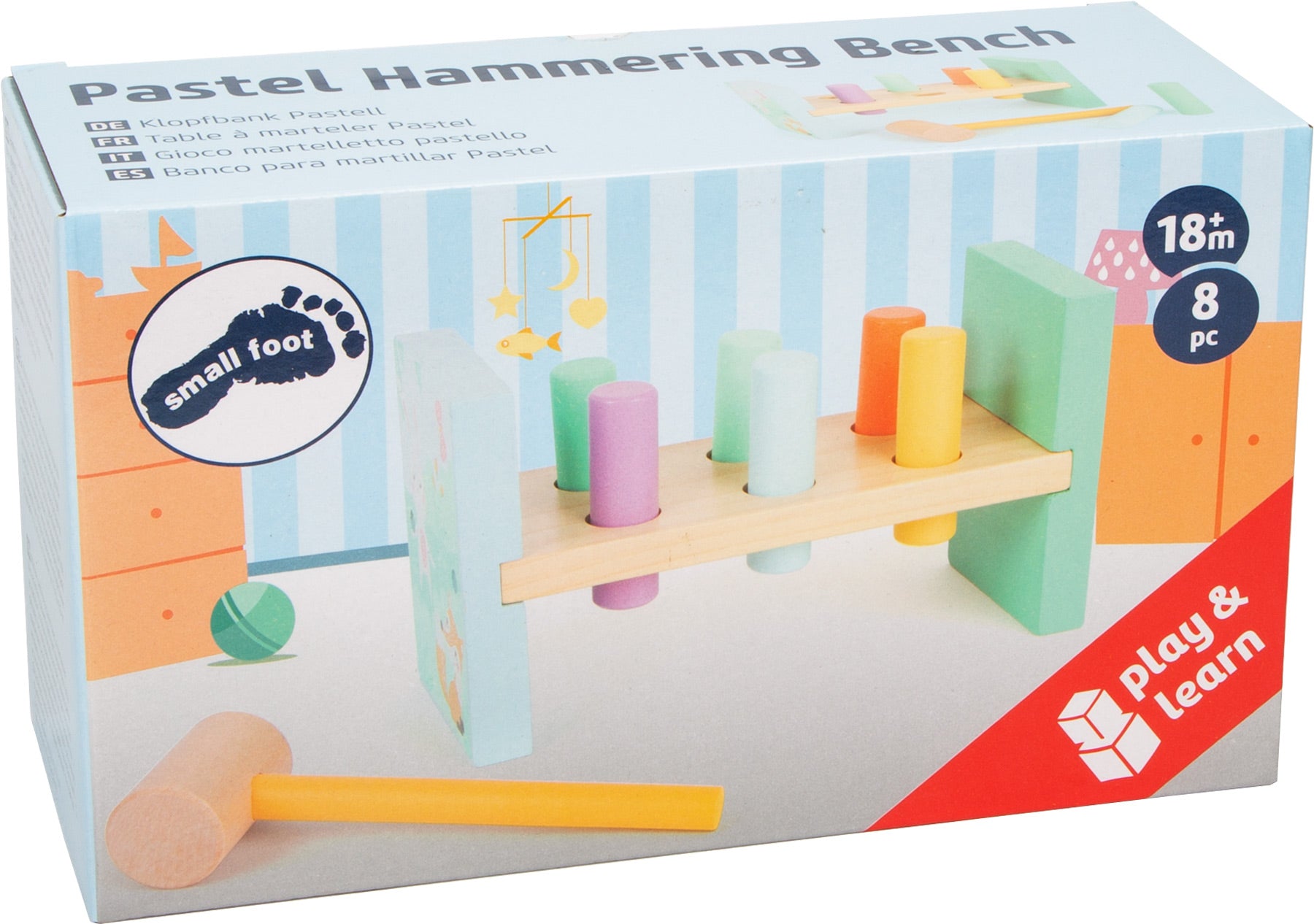 Caixa do jogo do martelo pastel small foot, mostrando o brinquedo e informações do produto. Design pastel e imagem do brinquedo.