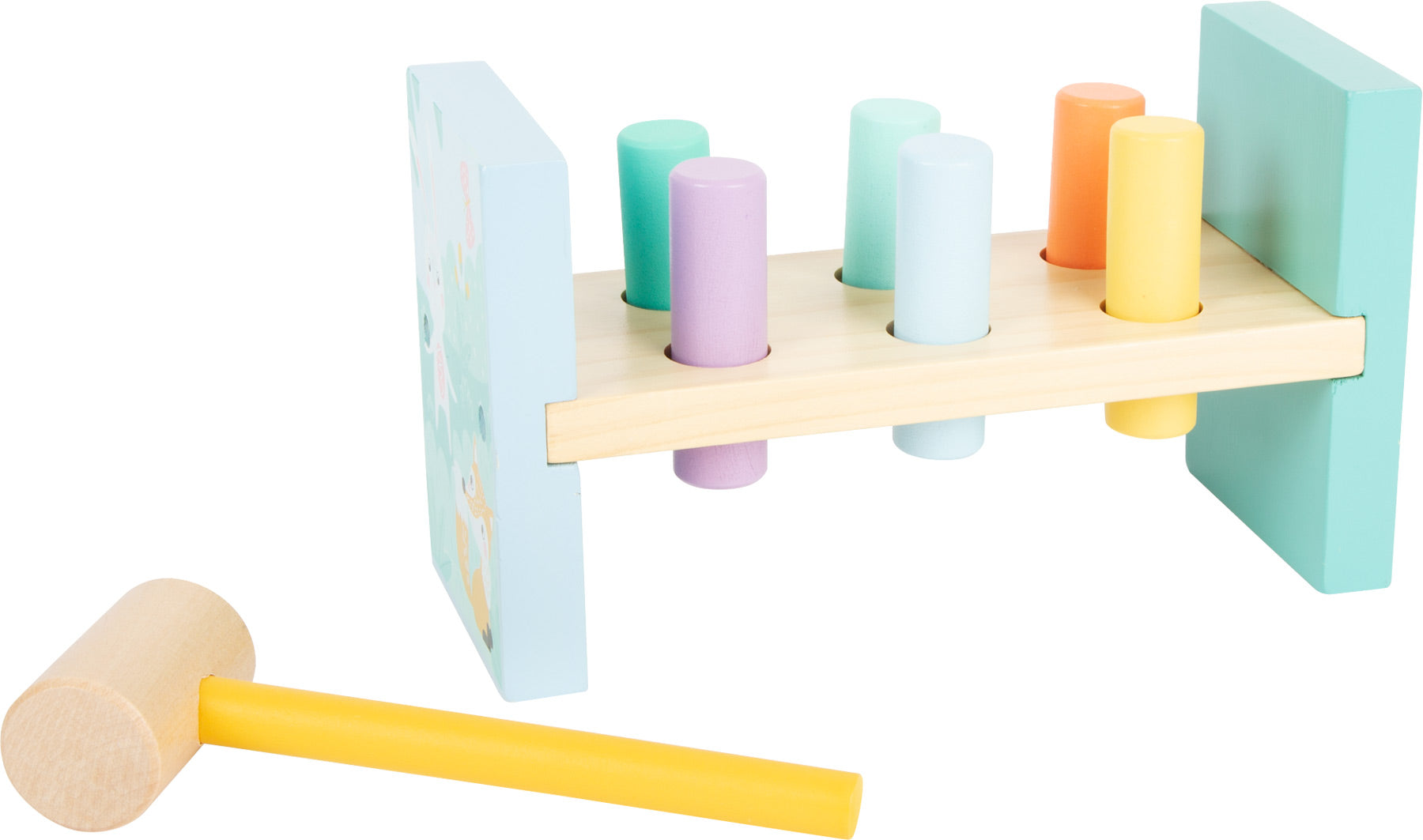 Jogo do martelo pastel small foot: vista completa do brinquedo de madeira com martelo e pinos coloridos pastel. Ideal para desenvolvimento de habilidades motoras.
